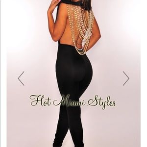 Black Gold Pearl Chains Open Back Jumpsuit
